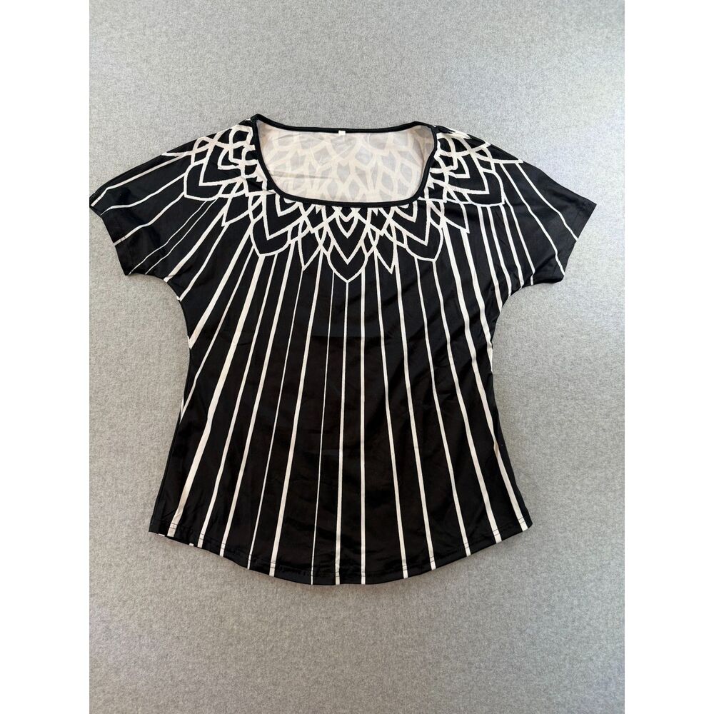 Women’s Small Black White Geometric Art Deco Short Sleeve Stretch Top 3048